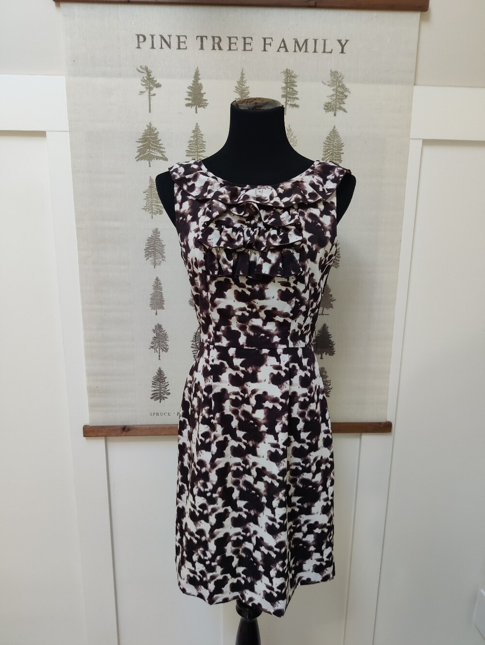 Banana Republic Brown White Abstract Ruffle Sleeveless Sheath Dress Size 6